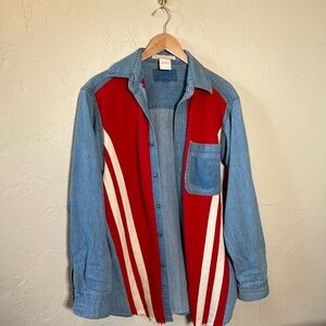 Free People x Tricia Fix Denim Patchwork Shirt XS/S Red Stripe Oversized